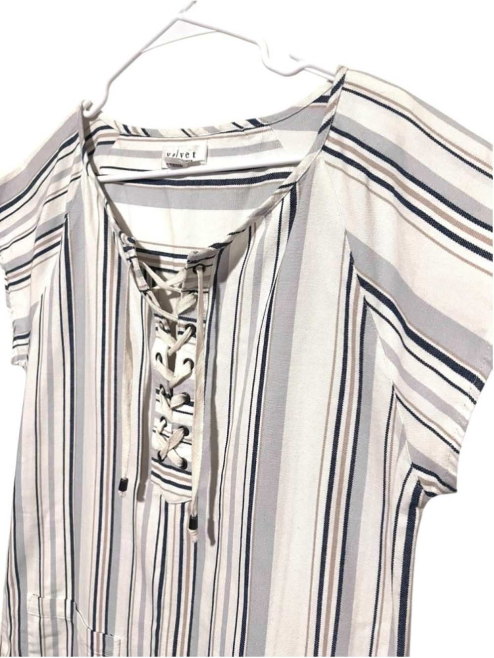 Velvet by Graham & Spencer Womens Dress Small Blue White Striped Lace Up Coastal - Picture 2 of 5